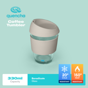 QUENCHA Premium Glass Coffee Cup 11.15oz with Silicone Sleeve & Cap, Clear Transparent Mug, Drinking Cup, Borosilicate